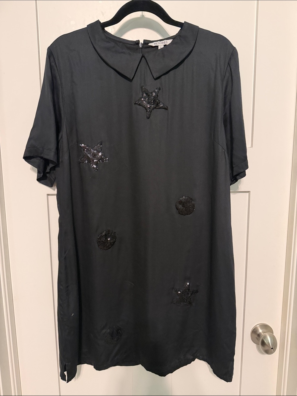 Benares Black Short-Sleeve Satin Mini Dress with Sequin Star Appliqué Whimsigoth